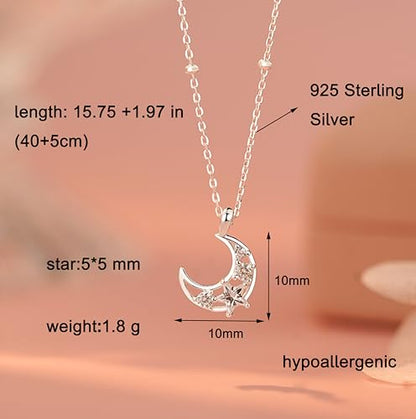 925 Sterling Silver Dainty Crescent Moon Necklace for Women | 14K Gold Plated White Cubic Zirconia Moon and Star Pendant Choker Necklace to Daughter Mother Trendy Wedding Jewelry Gifts - color: Silver B