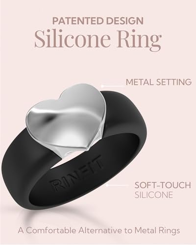 Rinfit Womens Silicone Wedding Ring with Stainless Steel Heart - Rubber Bands - Patented Design - color: PACK D: Black / Metal Heart - Silver, size: Size 9