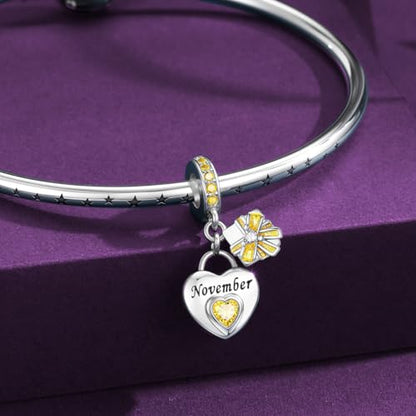 925 Sterling Silver Birthstone Bracelet Charm - Unique Heart Shaped Design, Fits most Europe Pandora Bracelets and Necklaces, women's DIY holiday Gifts - style: K-November