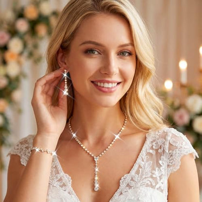 Bride Silver Bridal Necklace Earrings Set Crystal Wedding Jewelry Set Rhinestone Choker Necklace for Women and Brides - color: D Gold