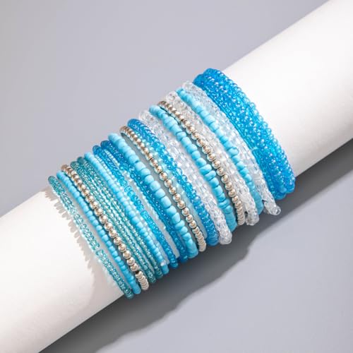 8-20Pcs Colorful Bohemia Seed Beaded Bracelets Handmade Adjustable Stackable Rainbow Beads Stretch Bracelets Anklet Multilayer Vacation Elastic Bangle for Women Summer Beach Boho Jewelry Gift - style: 20pcsA