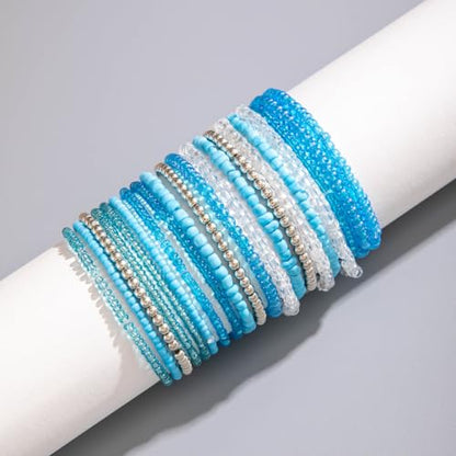 8-20Pcs Colorful Bohemia Seed Beaded Bracelets Handmade Adjustable Stackable Rainbow Beads Stretch Bracelets Anklet Multilayer Vacation Elastic Bangle for Women Summer Beach Boho Jewelry Gift - style: 20pcsA