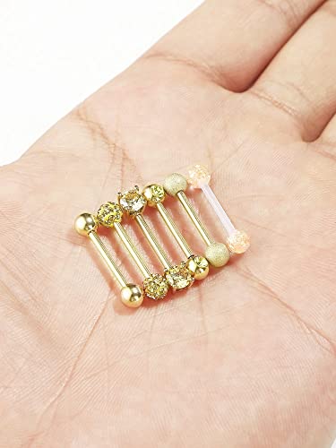 Sumind 6 Pairs Nipple Tongue Ring Stainless Steel Barbell Rings Cubic Zirconia Nipplerings Body Piercing Jewelry, 14 Gauge (Gold Color)