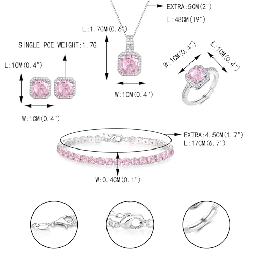 EVER FAITH Wedding Jewelry Set for Bride Bridesmaid, Glamour Teardrop Cubic Zirconia Pendant Necklace Earrings Tennis Bracelet Open Ring Sets for Birthday/Valentine's Day/Mother's Day/Christmas - color: B_Pink