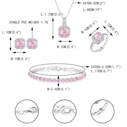 EVER FAITH Wedding Jewelry Set for Bride Bridesmaid, Glamour Teardrop Cubic Zirconia Pendant Necklace Earrings Tennis Bracelet Open Ring Sets for Birthday/Valentine's Day/Mother's Day/Christmas - color: B_Pink