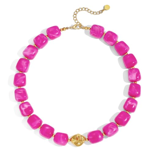 Chunky Beaded Necklace for Women,Square Resin beads boho Choker Necklace with gold-tone spacers,Fashion Trendy Summer Beach Party Necklaces Handmade Surfer Beach Necklaces Jewelry Gifts - color: Magenta