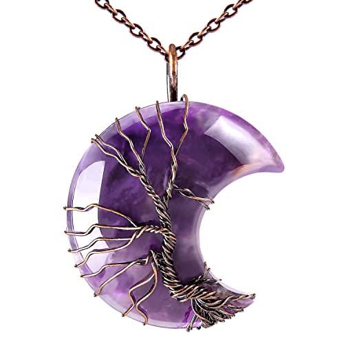 Bivei Life Tree Crescent Moon Necklaces for Women | Copper Wire Wrap Gemstones Pendant Crystals and Natural Stones Necklace Witch Jewellery Christmas Valentine's Day for Friends - color: Purple - Amethyst, style: Pack of 1