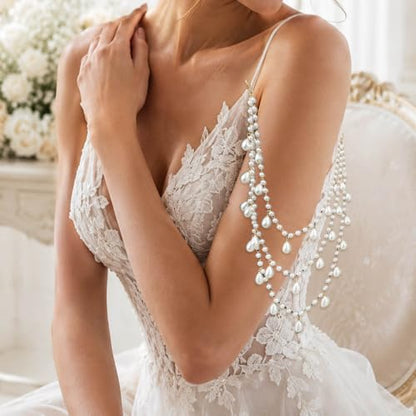2 Pcs Pearl Shoulder Chain Detachable Bridal Arm Jewelry Layered Beaded Tassel Epaulettes for Wedding Prom Dress Sleeves Pearl Straps Accessory