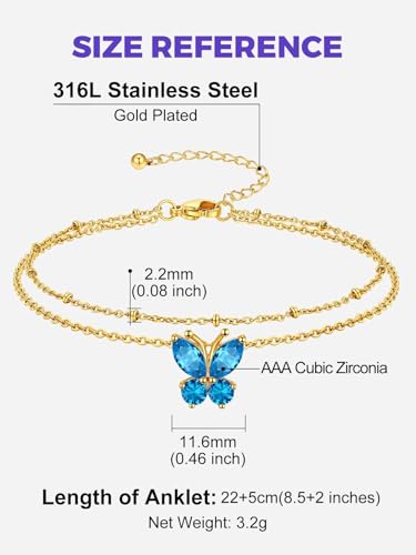 Richsteel Double Layer Heart/Butterfly Birthstone Anklet for Women | Non Tarnish Waterproof, Silver/Gold/Black Stainless Steel 8.5-10.5 Inch Adjustable Chain Anklets Summer Beach Foot Jewelry - color: Gold Butterfly-12 Dec.(Blue Topaz)