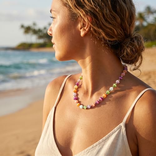 Dopamine Necklace UV Reactive Colorful Rainbow Beaded Necklace Dopamine Jewelry Set Color Changing Mood Necklaces Bracelet Earrings Summer Beach Vacation Gift for Women - color: B1：gold changing necklace