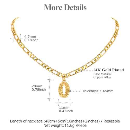 14K Gold Plated Initial Necklaces for Women Men A-Z Letter Necklaces | Figaro Chain, 16"+2" Adjustable Length, with Gift Box - style: O