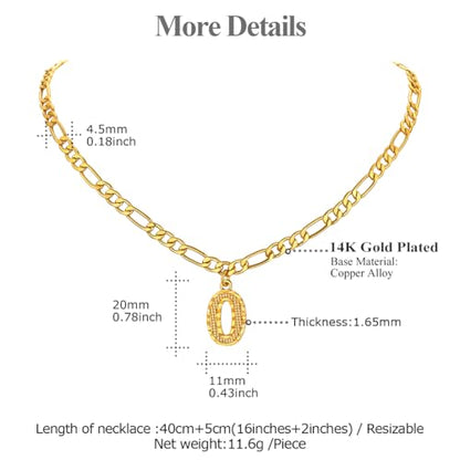 14K Gold Plated Initial Necklaces for Women Men A-Z Letter Necklaces | Figaro Chain, 16"+2" Adjustable Length, with Gift Box - style: O