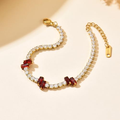 18K Gold Plated Cubic Zirconia Tennis Bracelet for Women Sparkling Stackable Stainless Steel Jewelry Hypoallergenic Tarnish Resistant Bridal Gift - color: Red Baguette CZ-Gold