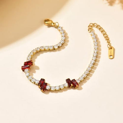 18K Gold Plated Cubic Zirconia Tennis Bracelet for Women Sparkling Stackable Stainless Steel Jewelry Hypoallergenic Tarnish Resistant Bridal Gift - color: Red Baguette CZ-Gold