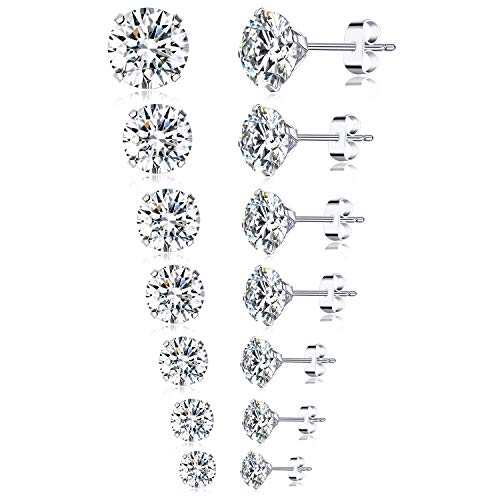 7 Pairs 18G 20G Stainless Steel Stud Earrings Round Cubic Zirconia Barbell Earring Set For Men Women 2MM-8MM Silver Tone - style: A:7 Pairs,Butterfly Backs,20G