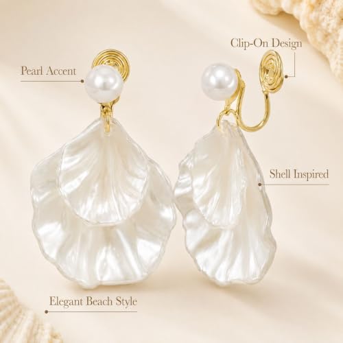 Pearl Shell Earrings for Women Clip on Pearl Earrings Summer Beach Jewelry Tropical Vacation Outfits Accessories - color: A1: white shell clip on earrings