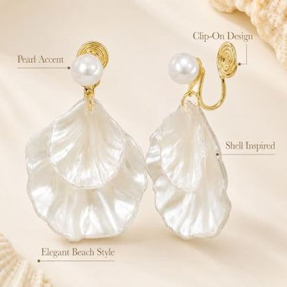 Pearl Shell Earrings for Women Clip on Pearl Earrings Summer Beach Jewelry Tropical Vacation Outfits Accessories - color: A1: white shell clip on earrings