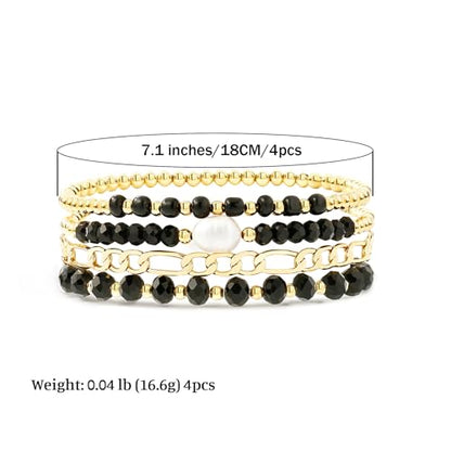 Badu Gold Beaded Bracelets for Women Boho Crystal Multiple Layered Stackable Wrap Bangle Set Paperclip Chain Trendy Jewelry - color: Gold-black