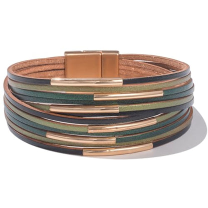 Gold Tube Leather Wrap Bracelets Boho Chunky Stackable Layered Western Cuff | Stacked Bohemian Cool Magnetic Clasp Bangles Statement Cowgirl Hippie Country Festival Accessories for Women Trendy - color: Green