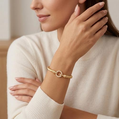 WOWORAMA Twisted Cable Wire Bracelets Two Tone Bangle Bracelet for Women | Stainless Steel, Unisex Gold Silver Bracelet, Mixed Metal Chunky Bangles Jewelry - color: Gold Circle