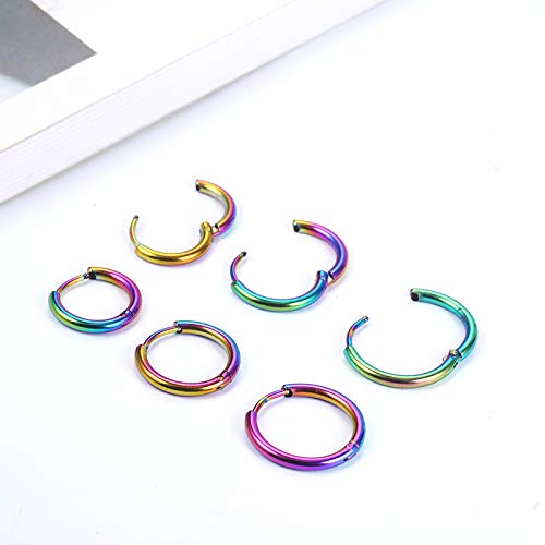 3 Pairs 316L Stainless Steel Small Black Silver Hoop Earrings 8mm 10mm 12mm Hypoallergenic Surgical Earring Cartilage Helix Lobes Hinged Sleeper Ear Jewelry For Men Women - color: colorful