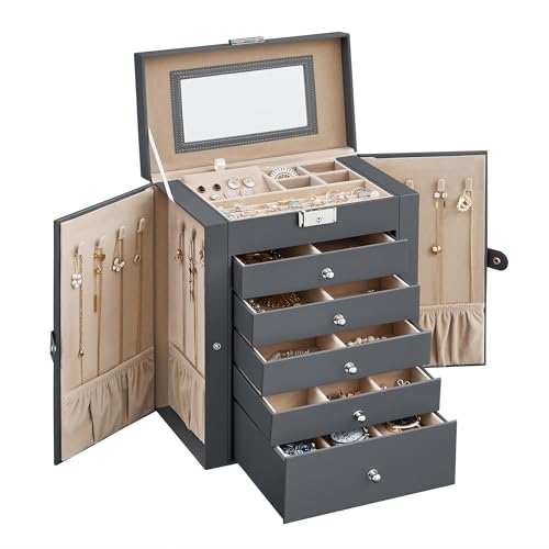 SONGMICS 6-Layer Jewelry Box Organizer with 5 Drawers, Jewelry Storage Case with Lock and Mirror, Large Storage Capacity, Gift for Loved Ones, for Necklaces, Watches, Gray UJBC152G01 - color: Gray, size: 6 Tier