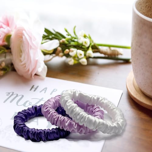 VLOMOT 3 Pcs Set 100% Pure Mulberry Silk Hair Scrunchies (Purple) | Silk Hair Ties for Thin Hair with 3 Chic Colors Everyday Skinny Scrunchies Silk Ponytail Holders Hair Care No Damage - color: Purple