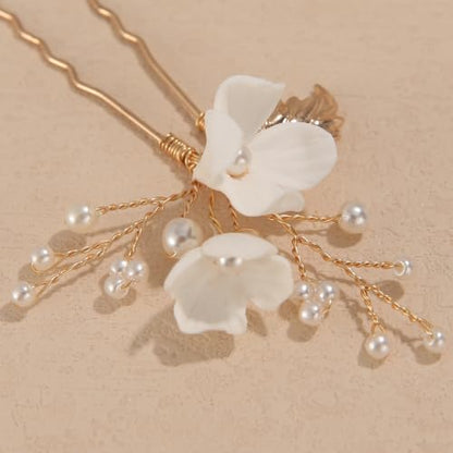 Handmade Pearl Bridal Hair Pins Wedding Hair Accessories for Women Brides Bridesmaid - color: Gold/Pearl White Flower