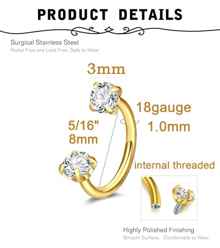 MODRSA Silver Gold Horseshoe Nose Ring 18g Double Gem Horse Shoe Nose Ring Hoop for Women Surgical Steel Half Hoop U Shape Tragus Earring Hoops Labret Lip Helix Piercing Jewelry Septum Rings 18 Gauge - color: B- Gold