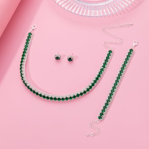 Women Rhinestone Crystal Jewelry Set Crystal Tennis Design Rhinestone Choker Necklace Link Bracelet Teardrop Earrings Set Wedding Bridal Bridesmaids Party - color: Green (Silver)