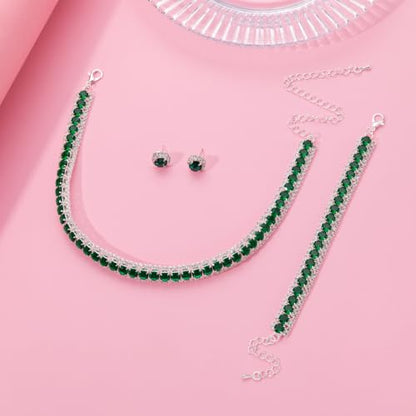 Women Rhinestone Crystal Jewelry Set Crystal Tennis Design Rhinestone Choker Necklace Link Bracelet Teardrop Earrings Set Wedding Bridal Bridesmaids Party - color: Green (Silver)