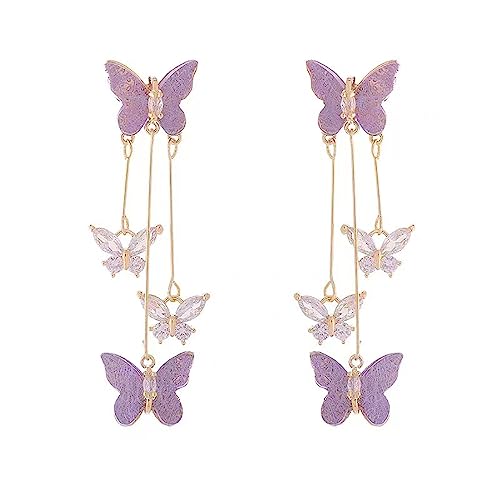 Purple Butterfly Tassel Earrings for Women Crystal Rhinestone Drop Earrings Animal Drop Dangle Charm Earrings - color: B-Purple