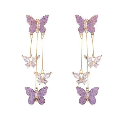Purple Butterfly Tassel Earrings for Women Crystal Rhinestone Drop Earrings Animal Drop Dangle Charm Earrings - color: B-Purple