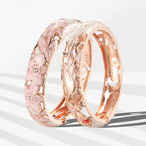 UJOY Handcraft Cloisonne Jewelry Bracelet Colorful Enamel Butterfly Flower Bird Hollowed Spring Hinged Cuff Bangles Women Gifts Pack in Box 88A11 - color: A11/A31-2 PCS-Cream Pink
