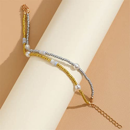 YienDoo Boho Layered Pearl Anklet Bracelet Gold Silver Faux Pearl Ankle Chain Layered Charm Anklet Minimalist Summer Beach Anklet Foot Jewelry Gifts for Women Girls