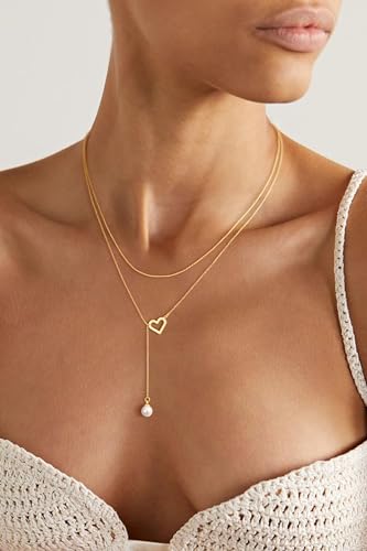 Lariat Gold Necklace for Women, Dainty Long Necklace 14k Gold Plated/Silver Y-Shaped Pendant Necklace Trendy Layered Cz Beaded Chain Drop Necklaces Simple Gold Jewelry for Women Gift - style: LC-2NK-24303-GDW