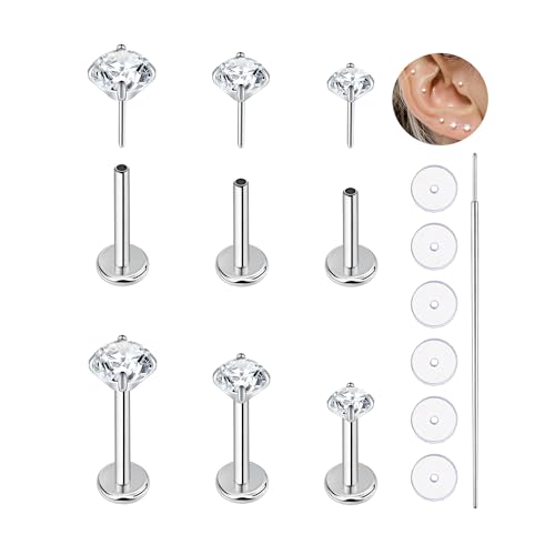 20G Flat Back Earrings Studs 18G Nose Rings 24K Gold Plating 3 Pairs Titanium Threadless 16G Cartilage Earrings for Women Men Tragus Conch Helix Medusa Lip Piercing Jewelry - color: polish clear cz, size: 18G