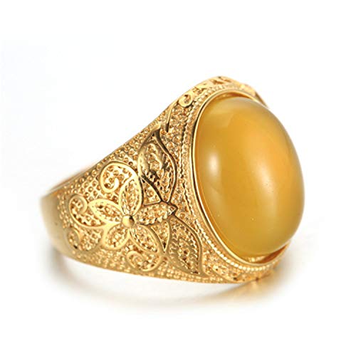 Retro Unisex Stainless Steel Oval Gemstone Hollow Flower Carved Signet Ring - color: Gold-Yellow