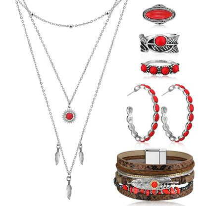 Ecally Bohemian Western Jewelry Turquoise Set Women Country Pendant Long Choker Layered Bracelets Earrings Ring for Women - color: Red, style: Passional