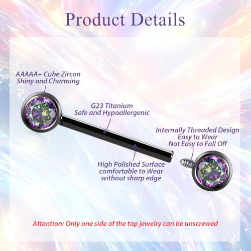 FUNLMO 2pcs Nipple Piercing Jewelry Titanium Nipple Rings Internally Threaded Tongue Rings Bridge Piercing Jewelry Nipple Barbells 14G 12-20mm - color: Black,Vitrail Medium CZ