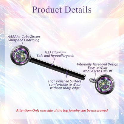 FUNLMO 2pcs Nipple Piercing Jewelry Titanium Nipple Rings Internally Threaded Tongue Rings Bridge Piercing Jewelry Nipple Barbells 14G 12-20mm - color: Black,Vitrail Medium CZ