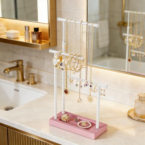 SRIWATANA Pink & White Extra Tall Necklace Holder, Jewelry Display Stand | Sturdy Tall Jewelry Organizer; Chic necklace organizer to Display Long Necklaces, Pendants, Chains Without Tangling - color: Pink & White