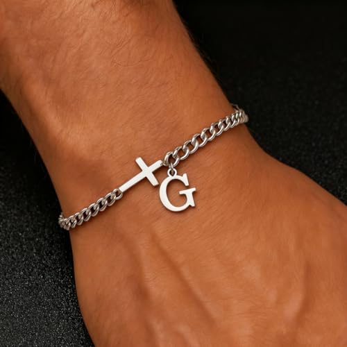 Cross Cuban Link Bracelets for Men Initial A - Z Faith Cross Bracelets, Stainless Steel Fashion Initial Charm Chain Bracelet Religious Jewelry Gift for Men - color: Silver G