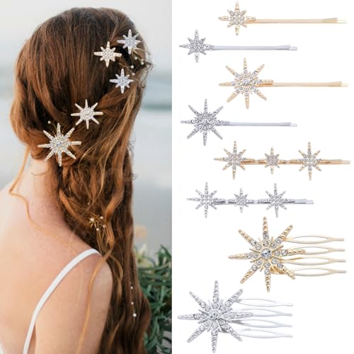 mdgfge 8Pcs Rhinestone Hair Clips Star Hair Accessories Silver Gold Celestial Hairpins Vintage Crystal Alloy Bobby Pins Side Clips Decorative Hair Barrettes for Women Wedding Bridal Party