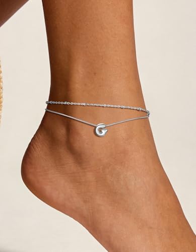 ChainsHouse Initial Ankle Bracelets for Women Waterproof, 14K Gold Plated Layered Initial Anklets Non Tarnish, Adjustable Stainless Steel Women's Ankle Summer Beach Foot Jewelry - color: Stainless Steel, size: Initial G