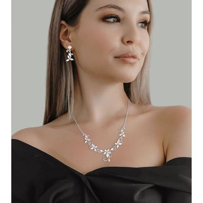 Crysdue Flower Leaf Wedding Jewelry Set for Bridal Bridemaid, Cubic Zirconia Teardrop Elegant Silver/14K/Rose Gold Plated Vine Necklace Dangle Earrings for Prom Party - style: A_Silver Tone