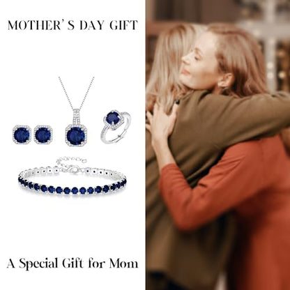 EVER FAITH Wedding Jewelry Set for Bride Bridesmaid, Glamour Teardrop Cubic Zirconia Pendant Necklace Earrings Tennis Bracelet Open Ring Sets for Birthday/Valentine's Day/Mother's Day/Christmas - color: B_Sapphire Blue