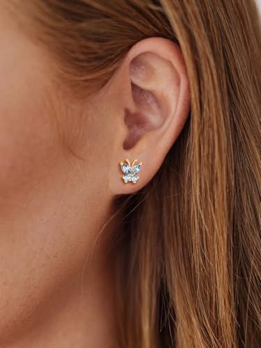 Suplight Butterfly Stud Earrings 925 Sterling Silver 14K Gold Brithstone Earrings for Women Brithstone Jewelry Gifts - color: 03.March( Aquamarine), size: Gold