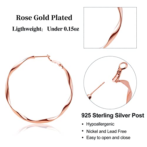24K Gold Hoop Earrings for Women Trendy Real Gold Plated Twisted Thin Huggie Hoops, Dainty Cute Big Gold Filled Dangle Hoop Earrings Nickel Free Womens Earrings for Sensitive Ears Hypoallergenic - style: Rose Gold 50mm
