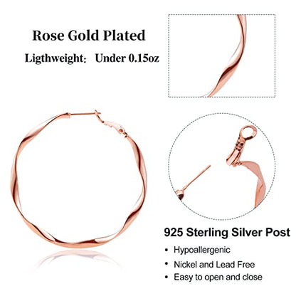 24K Gold Hoop Earrings for Women Trendy Real Gold Plated Twisted Thin Huggie Hoops, Dainty Cute Big Gold Filled Dangle Hoop Earrings Nickel Free Womens Earrings for Sensitive Ears Hypoallergenic - style: Rose Gold 50mm